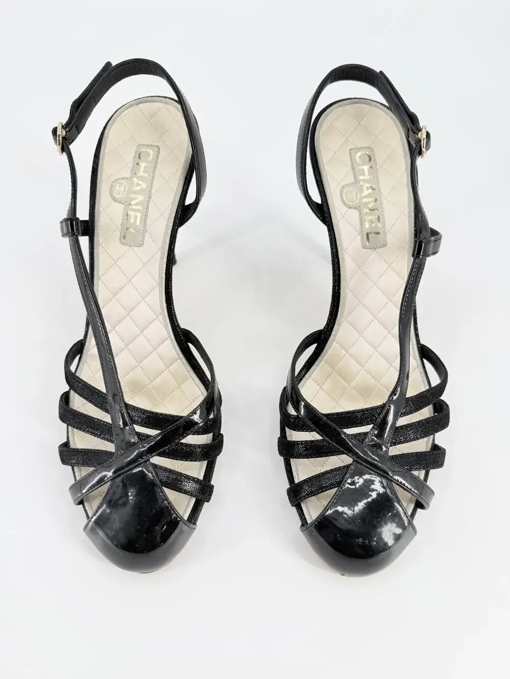 Chanel Black Patent Leather Quilted Insole Slingback Heels Pumps Size 39.5